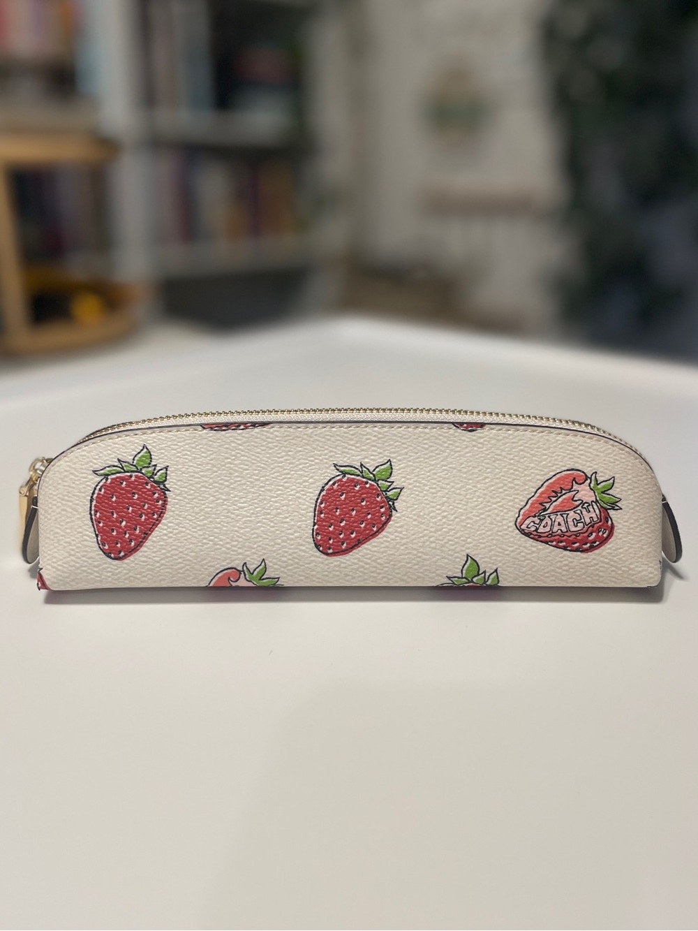 COACH Strawberry Print Zip Pencil Case - White & Red NEW